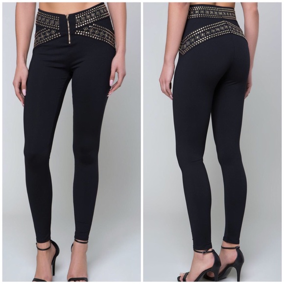 bebe Pants - Black Gold Studded Power Atlas Banded Leggings